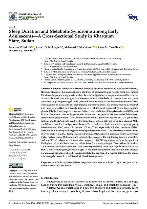 (PDF) Sleep Duration and Metabolic Syndrome among Early Adolescents—A ...