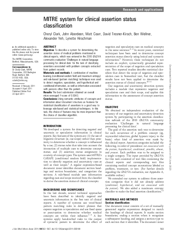 (PDF) MITRE system for clinical assertion status classification