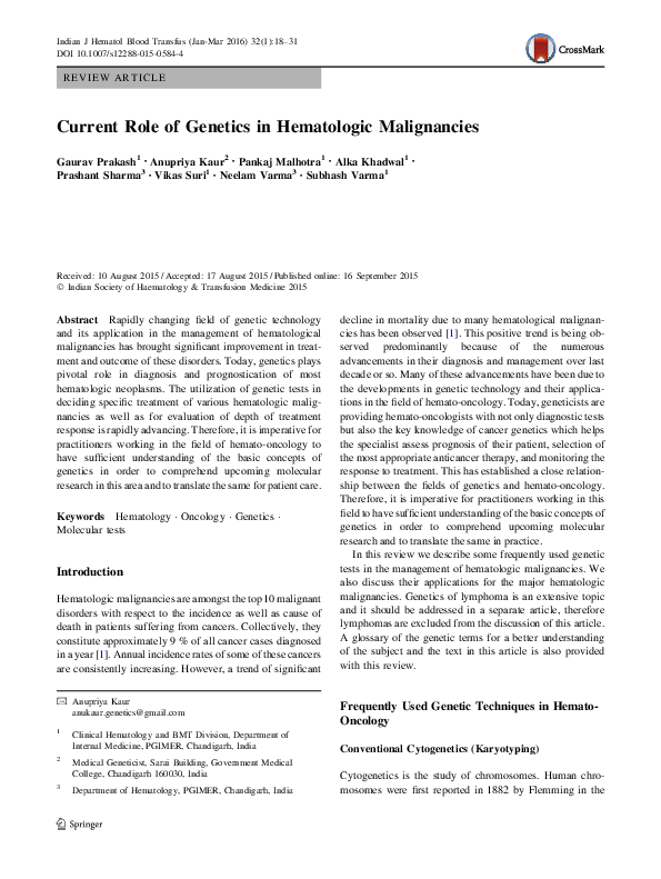 (PDF) Current Role of Genetics in Hematologic Malignancies