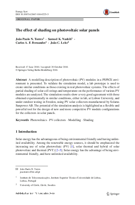 (PDF) The effect of shading on photovoltaic solar panels
