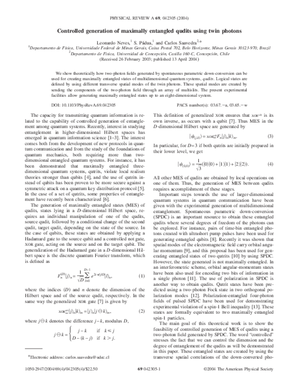 (PDF) Controlled generation of maximally entangled qudits using twin ...