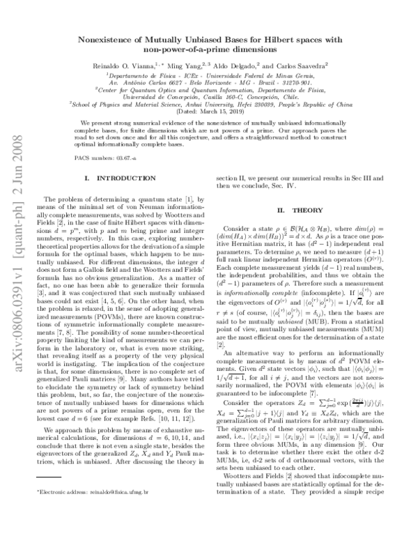 (PDF) Nonexistence of Mutually Unbiased Bases for Hilbert spaces with ...