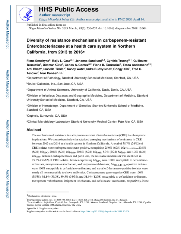 (PDF) Diversity of resistance mechanisms in carbapenem-resistant ...