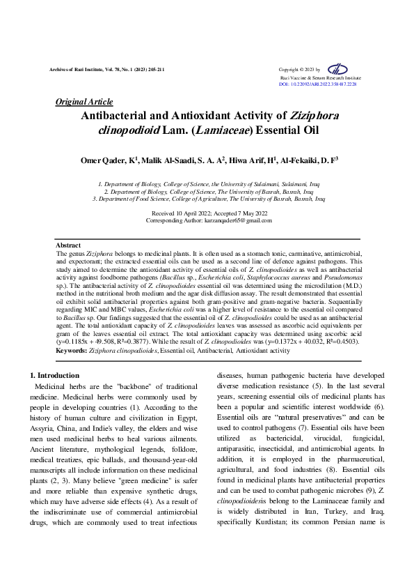 (PDF) Antibacterial and Antioxidant Activity of Ziziphora clinopodioid ...