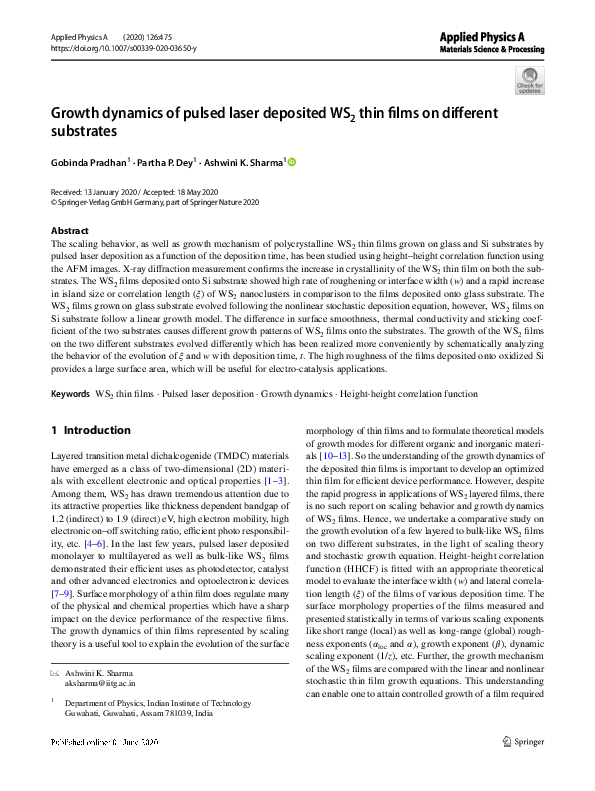 (PDF) Growth dynamics of pulsed laser deposited WS2 thin films on ...