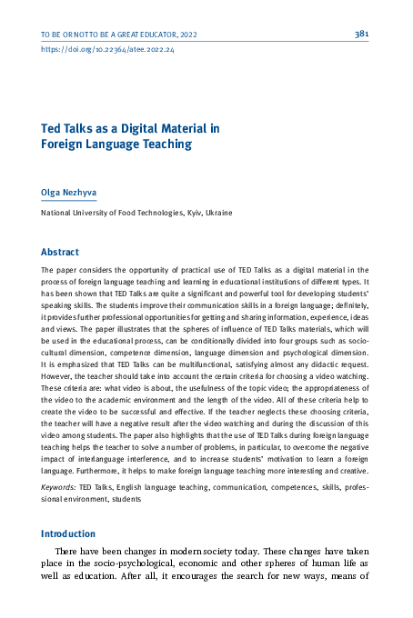 (PDF) Ted Talks as a Digital Material in Foreign Language Teaching