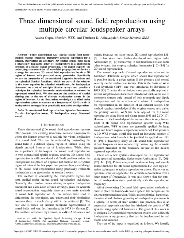 (PDF) ThreeDimensional Sound Field Reproduction Using Multiple