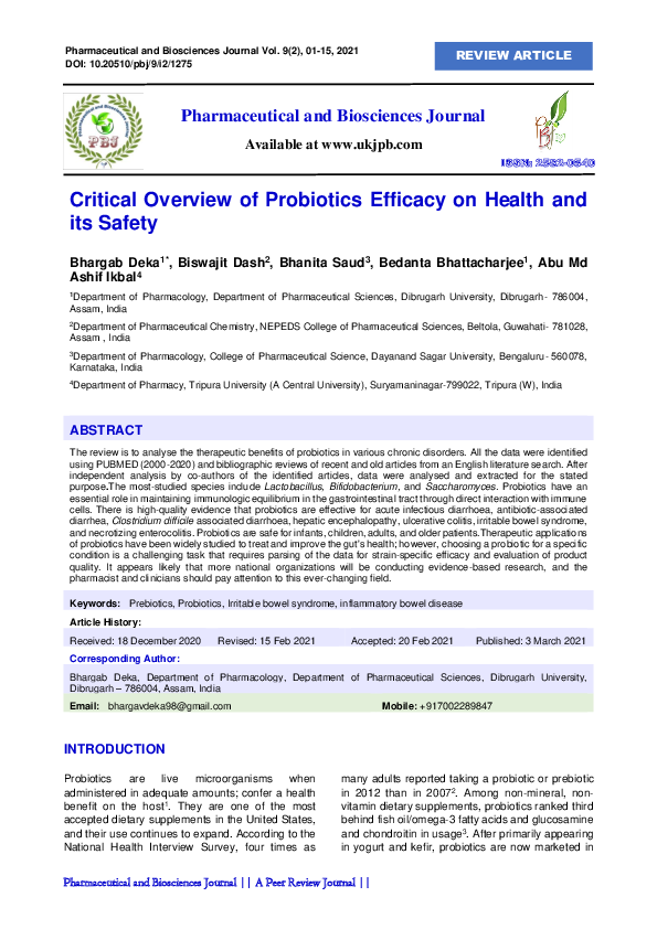 (PDF) Critical Overview of Probiotics Efficacy on Health and its Safety