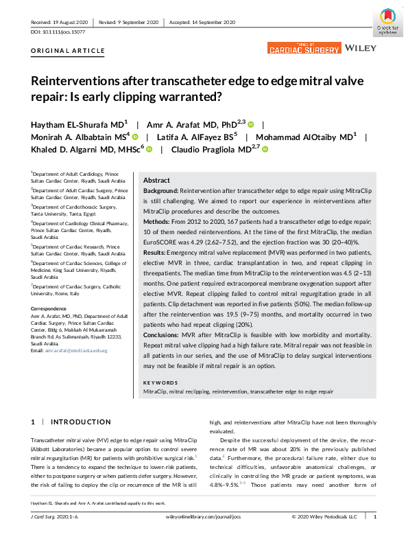 (PDF) Reinterventions after transcatheter edge to edge mitral valve ...