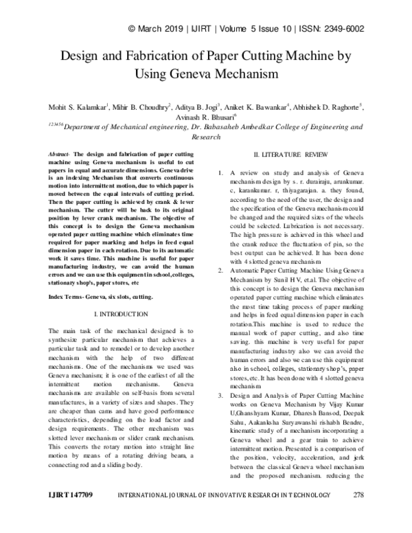 (PDF) Design and Fabrication of paper cutting machine by using Geneva