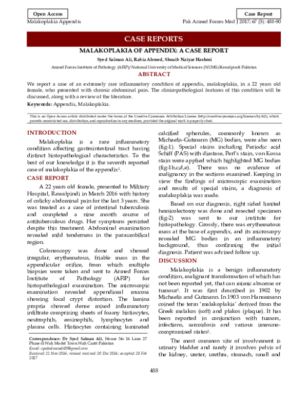 (PDF) Malakoplakia of Appendix: A Case Report | syed shan ali ...