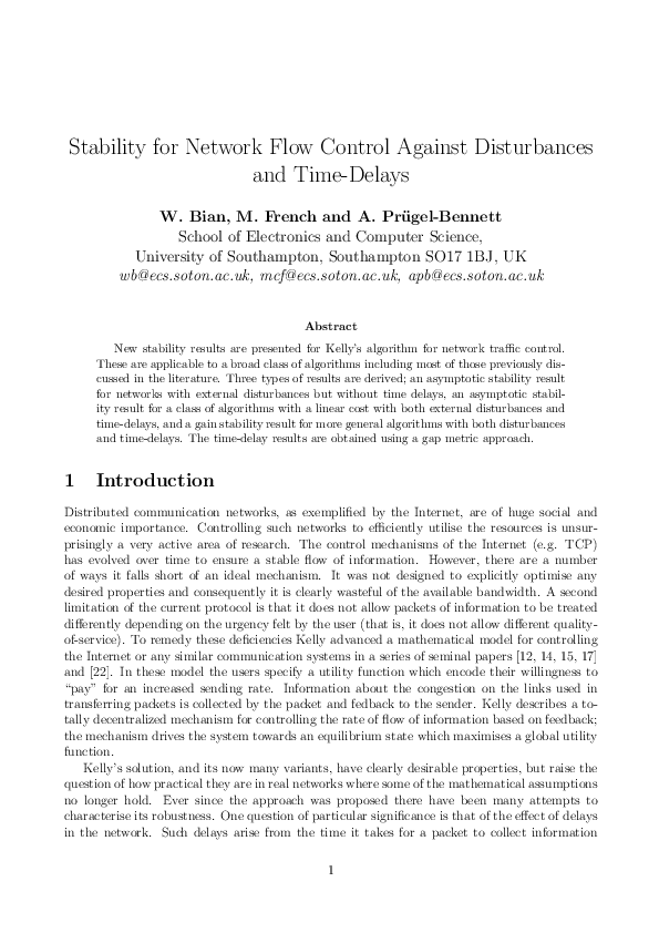(PDF) Stability for Network Flow Control against Disturbances and Time ...