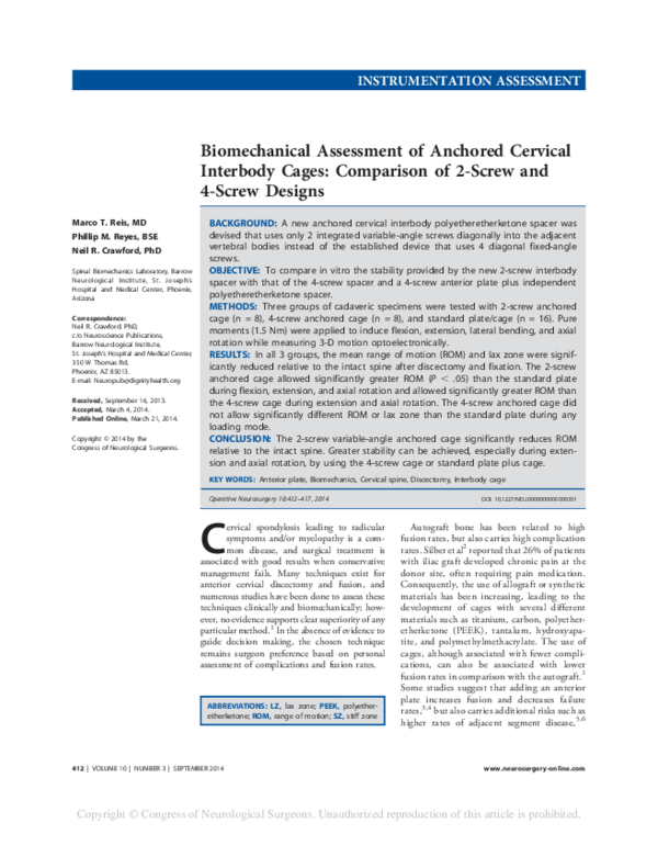 (PDF) Biomechanical Assessment of Anchored Cervical Interbody Cages