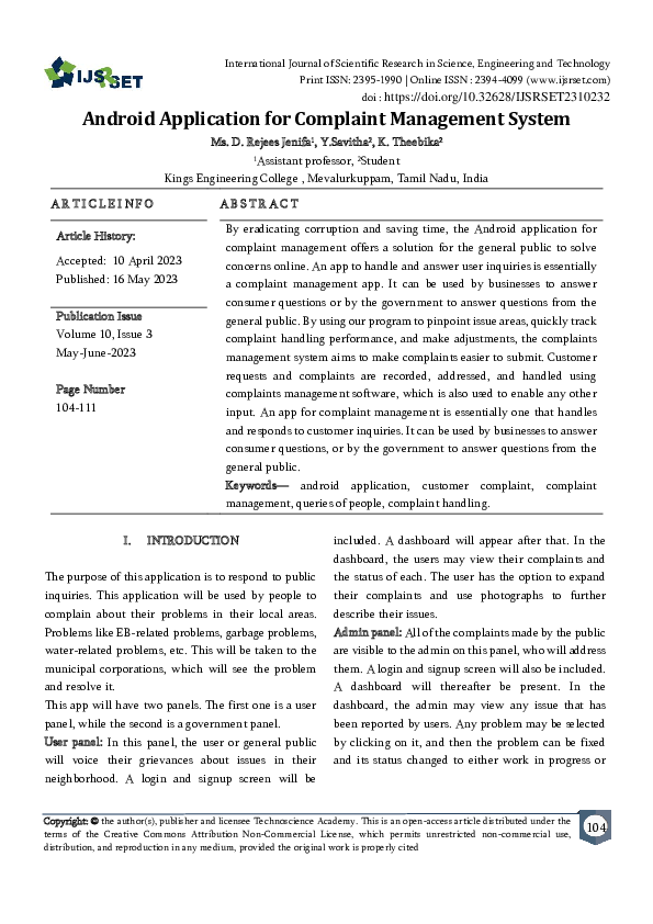 (PDF) Android Application for Complaint Management System