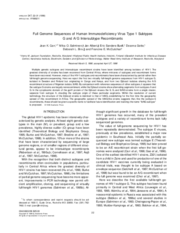 (PDF) Full Genome Sequences of Human Immunodeficiency Virus Type 1 ...