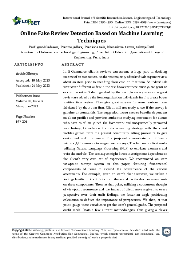 (PDF) Online Fake Review Detection Based on Machine Learning Techniques