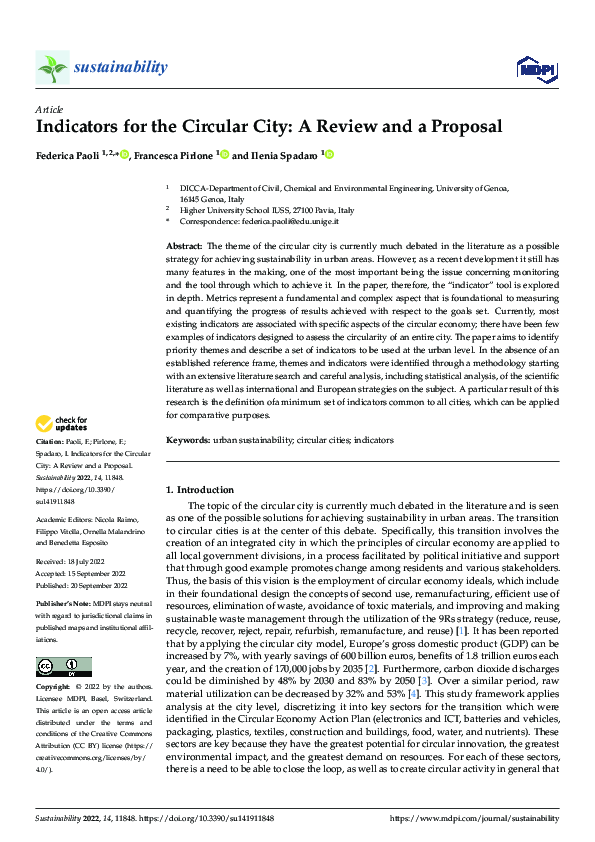 (PDF) Indicators for the Circular City: A Review and a Proposal