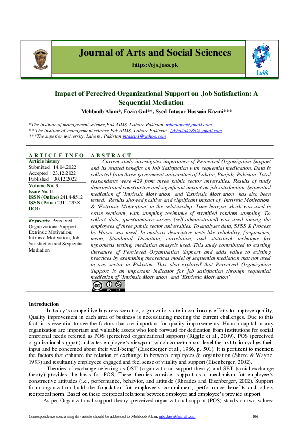 (PDF) Impact of Perceived Organizational Support on Job Satisfaction: A ...