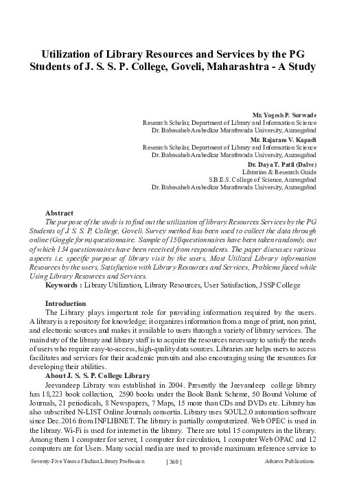 (PDF) Utilization of Library Resources and Services by the PG Students ...