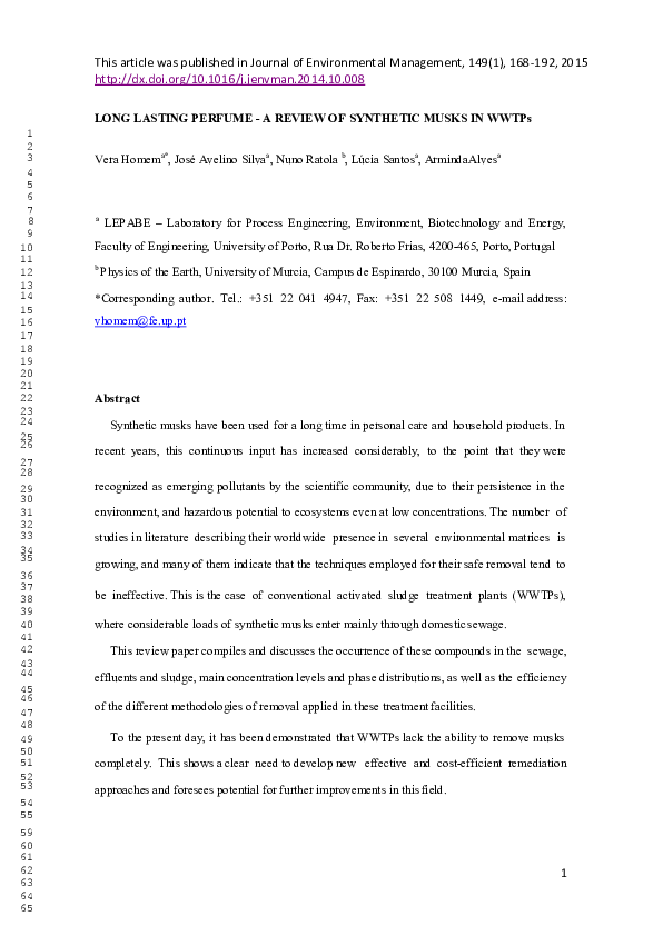 (PDF) Long lasting perfume A review of synthetic musks in WWTPs