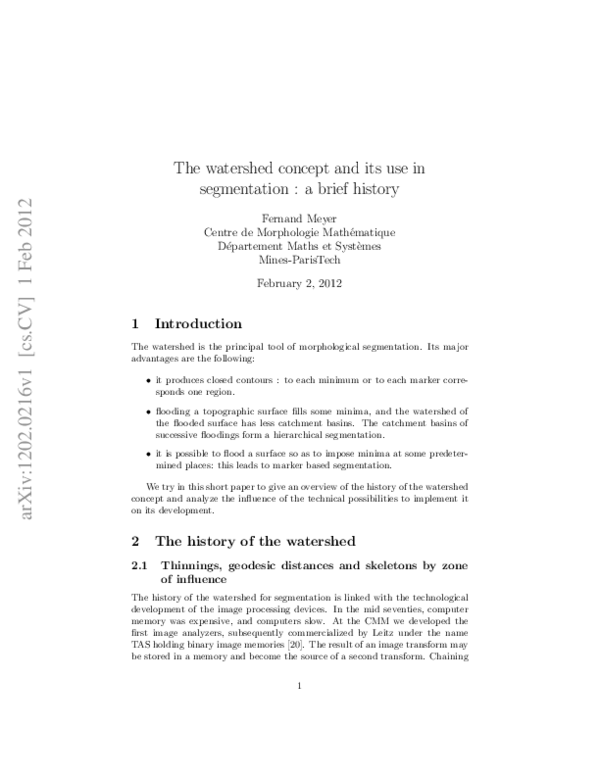 (PDF) The watershed concept and its use in segmentation: a brief history