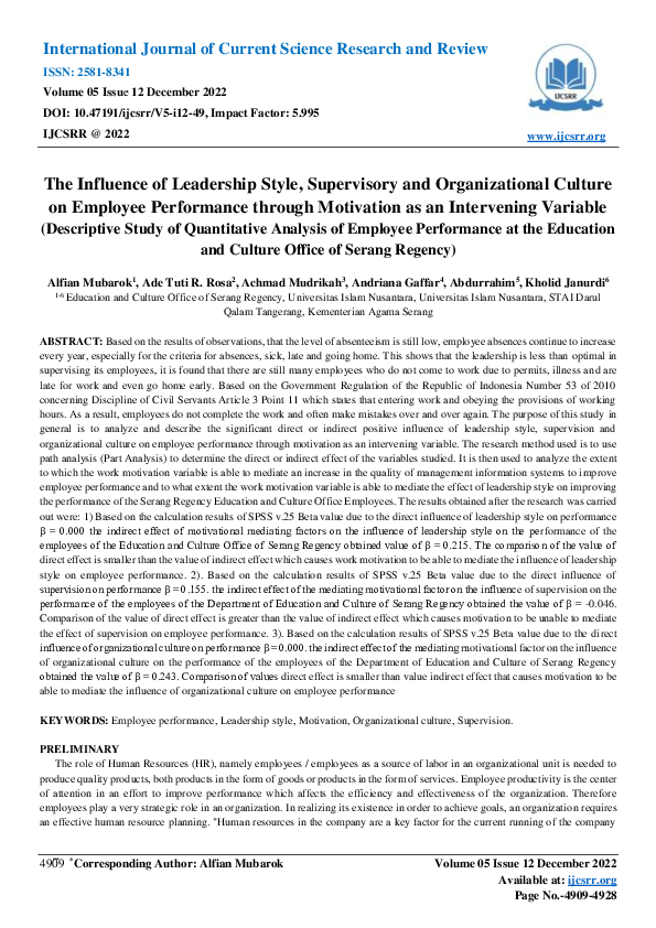 (PDF) The Influence of Leadership Style, Supervisory and Organizational ...