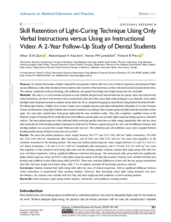 (PDF) Skill Retention of LightCuring Technique Using Only Verbal