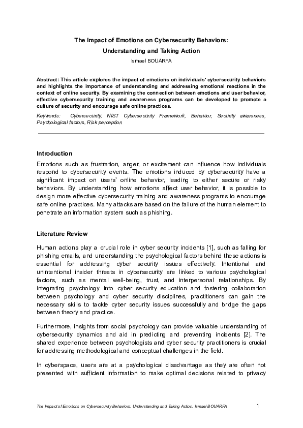 (PDF) The Impact of Emotions on Cybersecurity Behaviors: Understanding ...