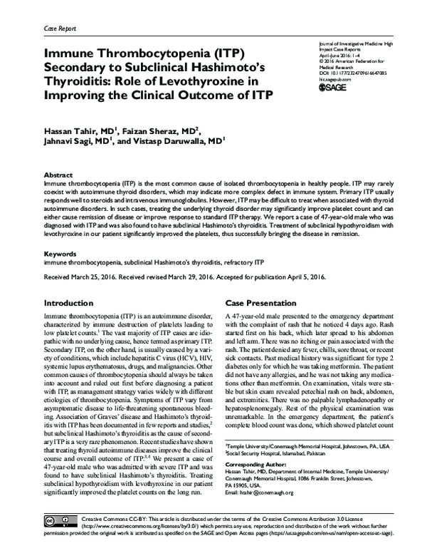 (PDF) Immune Thrombocytopenia (ITP) Secondary to Subclinical Hashimoto ...