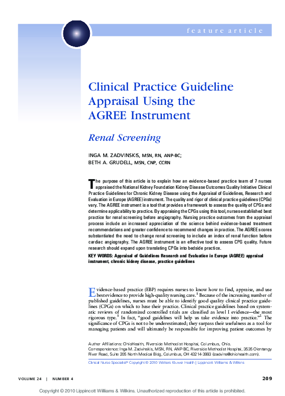 (PDF) Clinical Practice Guideline Appraisal Using the AGREE Instrument ...