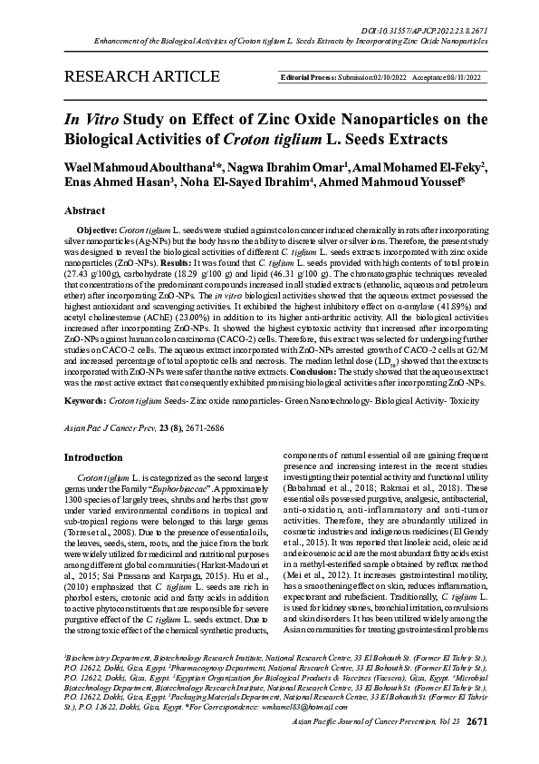 (PDF) In Vitro Study on Effect of Zinc Oxide Nanoparticles on the ...