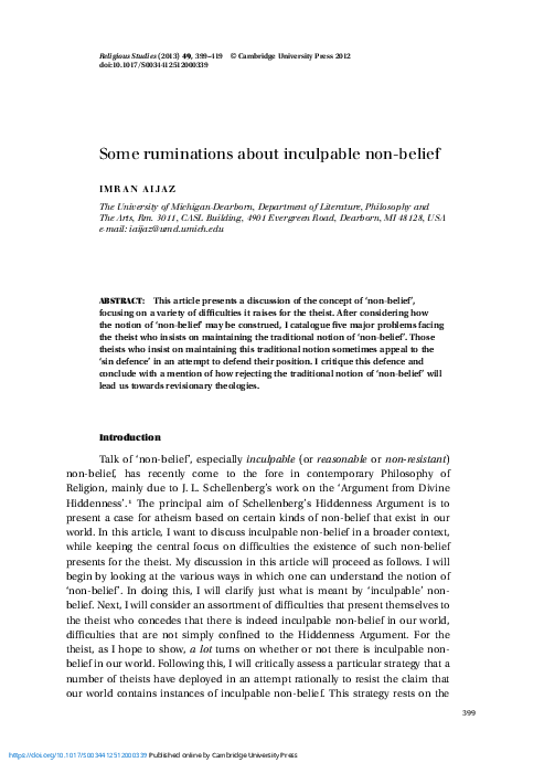 (PDF) Some ruminations about inculpable non-belief