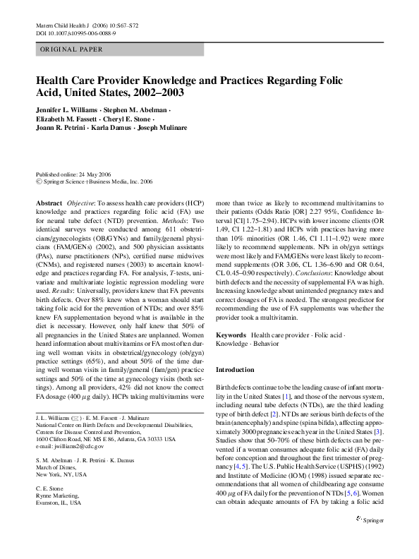 (PDF) Health Care Provider Knowledge and Practices Regarding Folic Acid ...