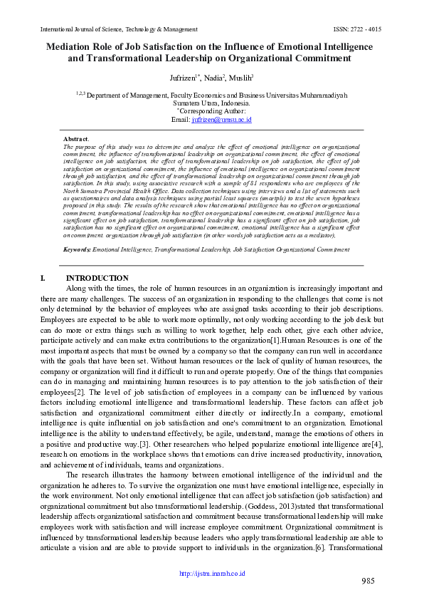 (PDF) Mediation Role of Job Satisfaction on the Influence of Emotional ...