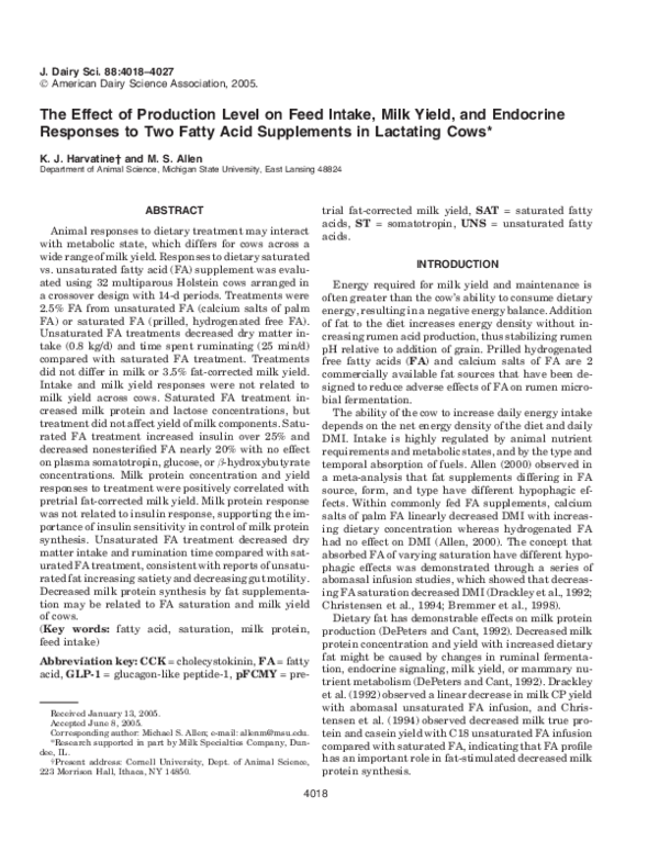 (PDF) The Effect of Production Level on Feed Intake, Milk Yield, and ...