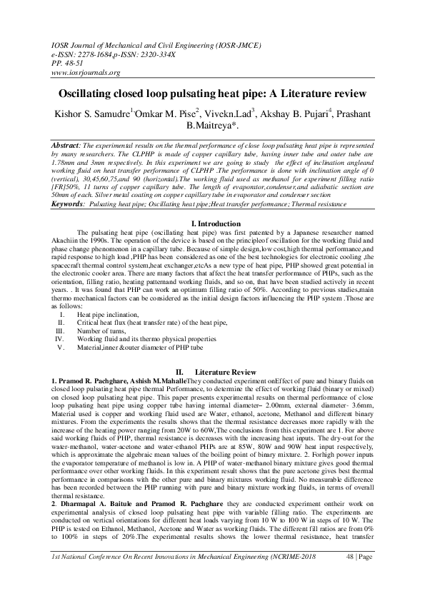(PDF) Oscillating closed loop pulsating heat pipe : A Literature review
