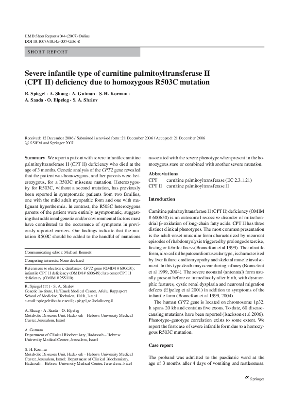 (PDF) Severe infantile type of carnitine palmitoyltransferase II (CPT ...