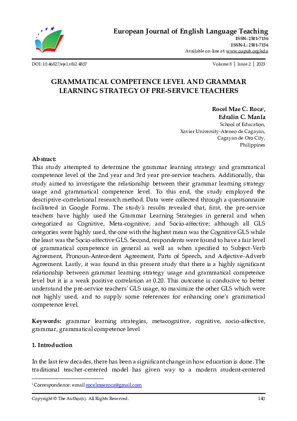 (PDF) Grammatical Competence Level and Grammar Learning Strategy of Pre ...