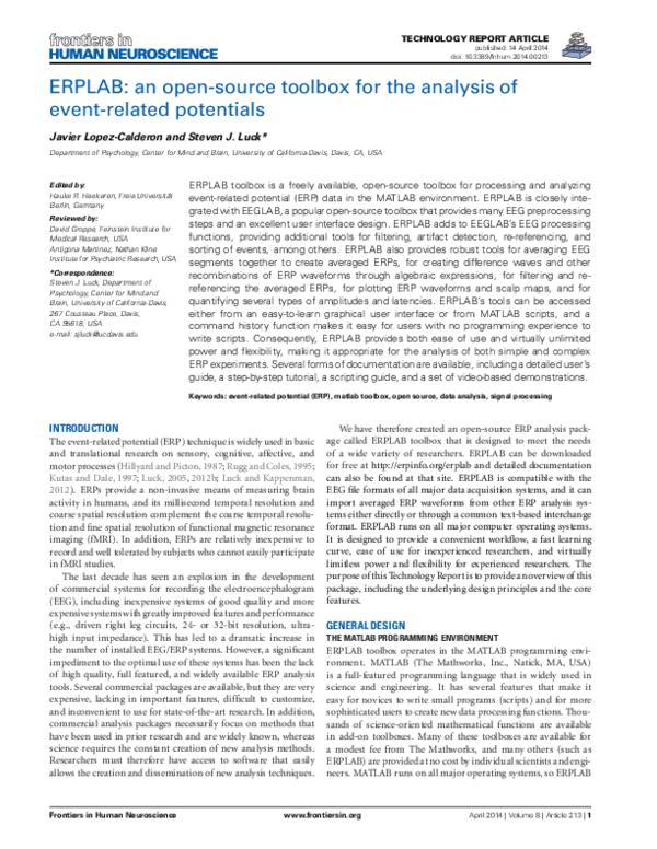 (PDF) ERPLAB: an open-source toolbox for the analysis of event-related ...