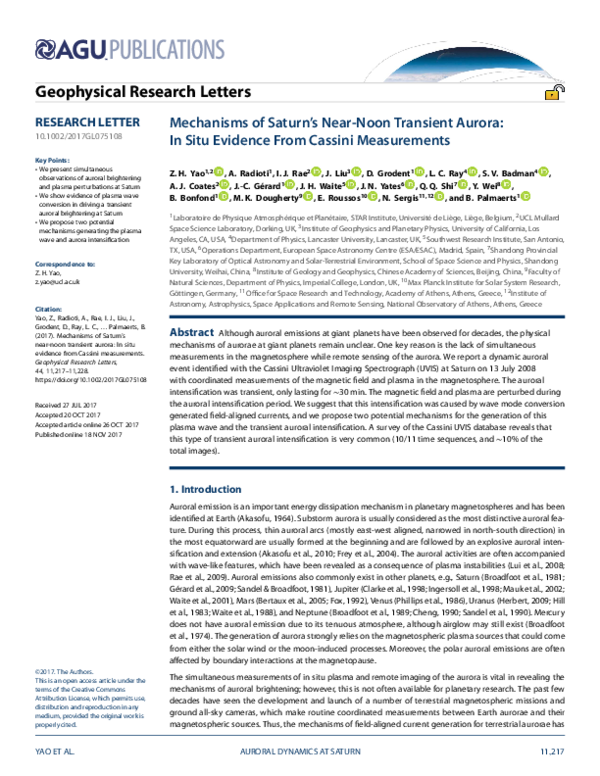 (PDF) Mechanisms of Saturn's Near‐Noon Transient Aurora: In Situ ...