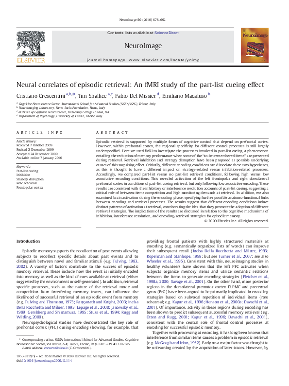 (PDF) Neural correlates of episodic retrieval: An fMRI study of the ...