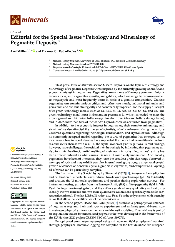 Editorial for the Special Issue “Petrology and Mineralogy of Pegmatite Deposits”