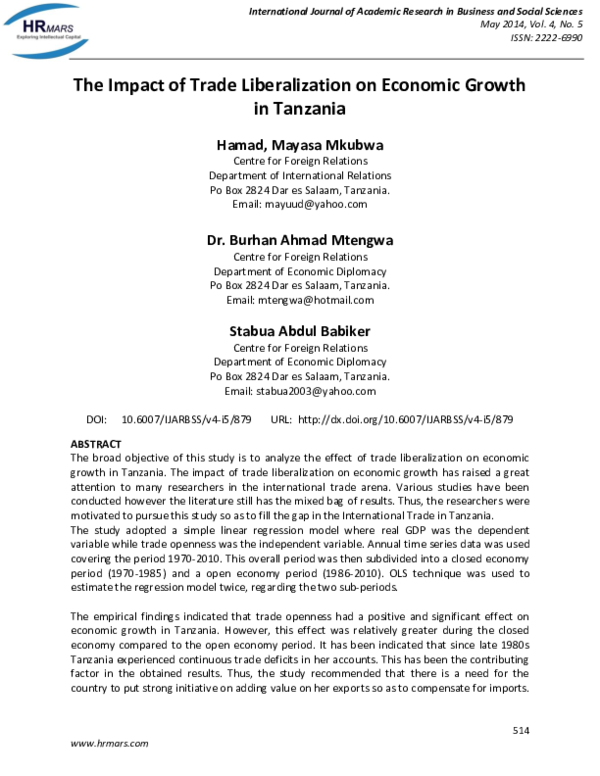 (PDF) The Impact of Trade Liberalization on Economic Growth in Tanzania