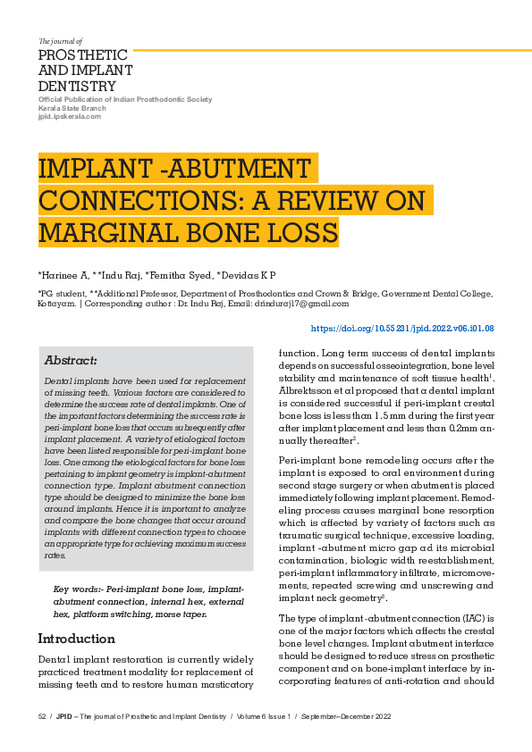 (PDF) Implant – Abutment Connections : A Review on Marginal Bone Loss
