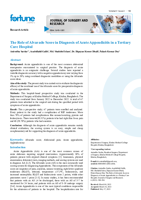 (PDF) The Role of Alvarado Score in Diagnosis of Acute Appendicitis in ...