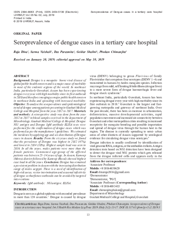(PDF) Seroprevalence of dengue cases in a tertiary care hospital