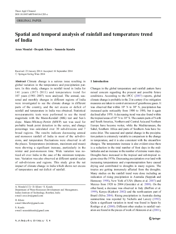 (PDF) Spatial and temporal analysis of rainfall and temperature trend ...