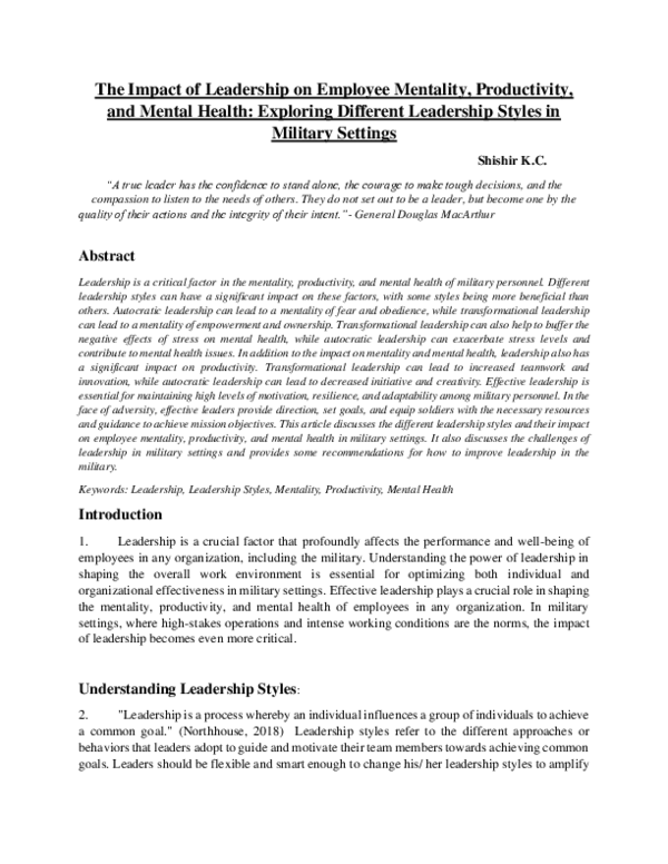(PDF) The Impact of Leadership on Employee Mentality, Productivity, and ...