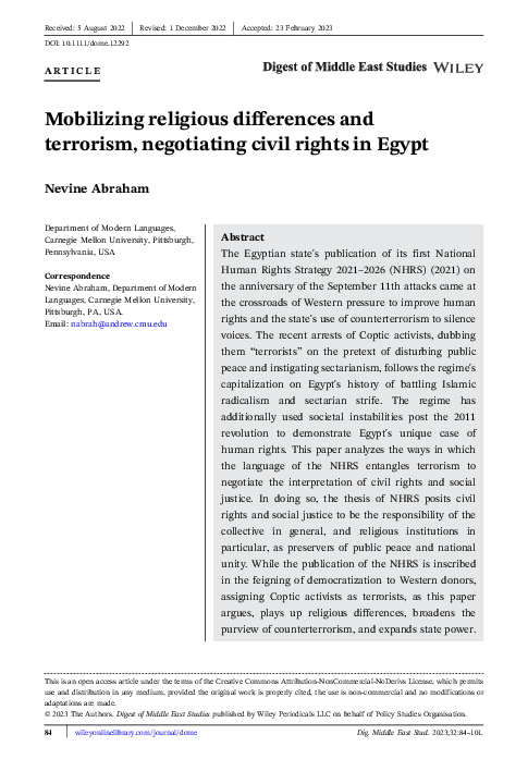 Mobilizing religious differences and terrorism, negotiating civil rights in Egypt