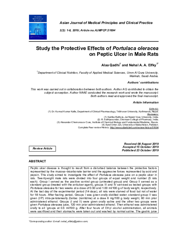 (PDF) Study the Protective Effects of Portulaca oleracea on Peptic ...